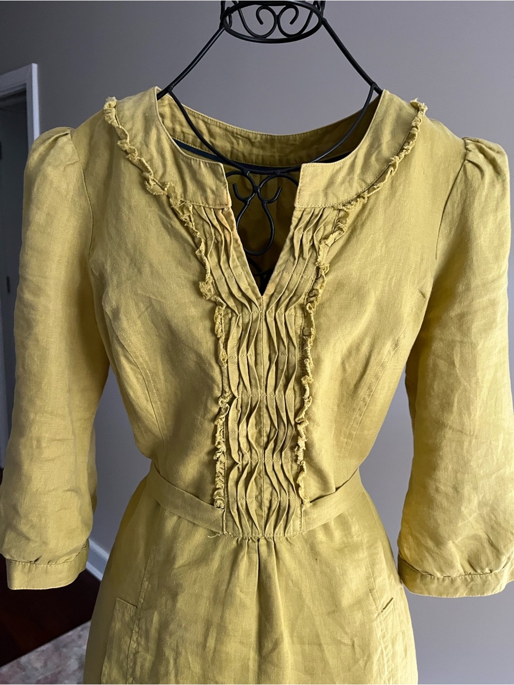 BODEN Yellow Ruffled Front Linen Dress with tie - Picture 2 of 13